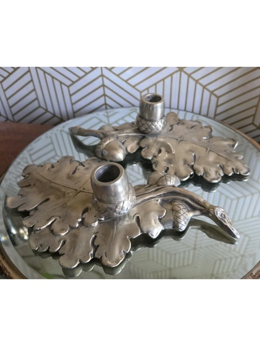 Vintage Aluminum Pair Bruce Fox Design Acorn Oak Leaf Candlestick Holders Signed